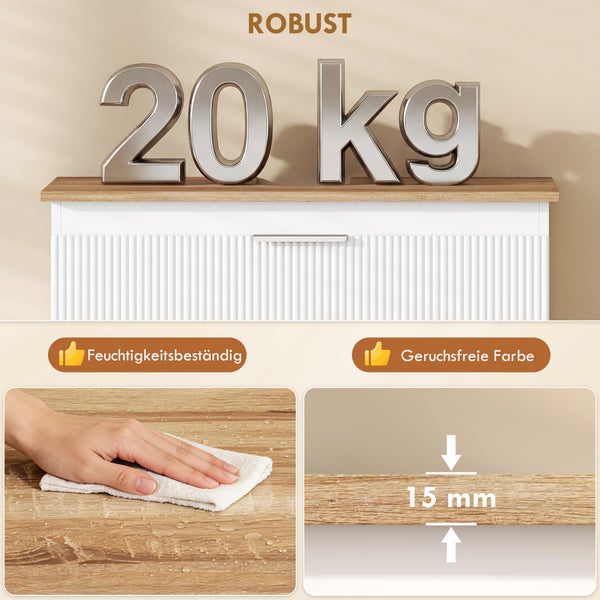 Weißer Schrank mit Holzoberseite, 20 Kilogramm Belastbarkeit, feuchtigkeitsbeständig, geruchsfreie Farbe und 15 Millimeter Materialstärke.