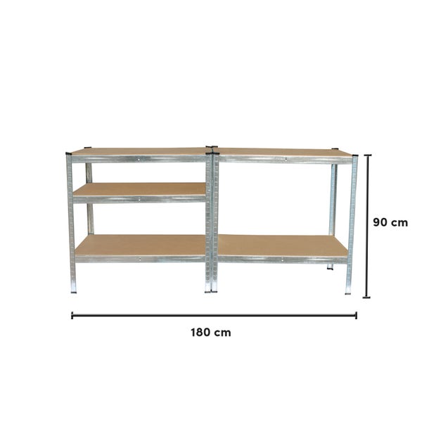Metallregal mit Holzboeden als Werkbankkombination, 180 Zentimeter breit und 90 Zentimeter hoch