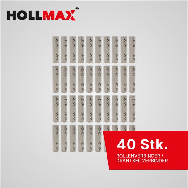 HOLLMAX Logo, 40 Stück Drahtseilverbinder aus Metall mit Madenschrauben.