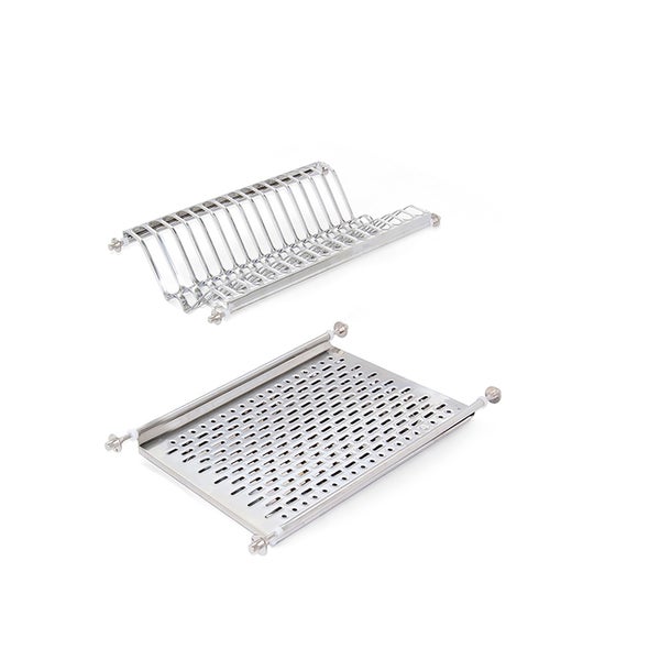 Zweiteiliges Geschirrabtropfset aus Edelstahl für den Schrankeinbau, bestehend aus einem Tellerhalter und einer Abtropfplatte.