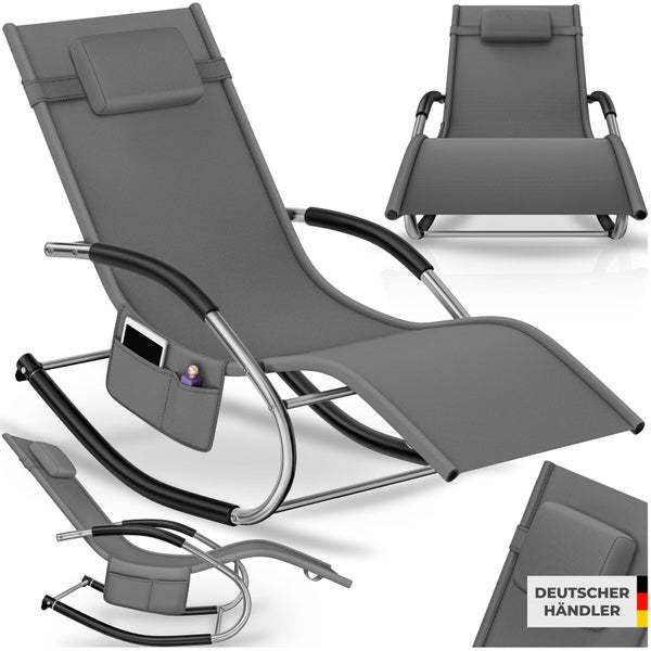 Graue Garten-Sonnenliege als Schaukelstuhl mit Kopfkissen, Seitentasche und Metallgestell sowie Siegel für deutschen Händler.
