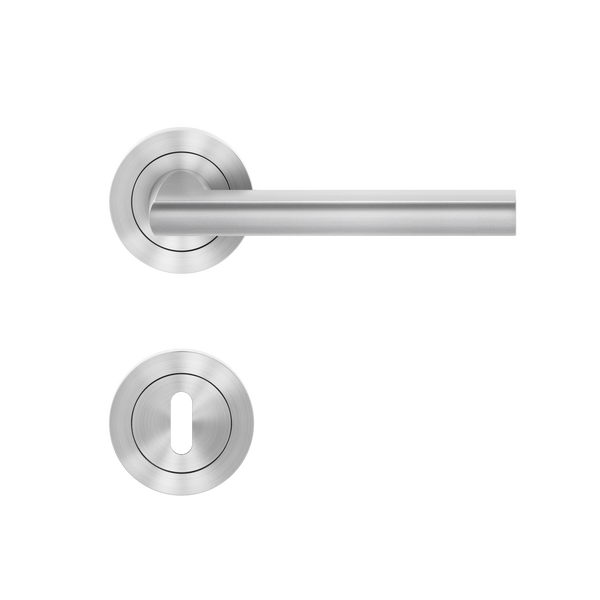 Türdrücker-Garnitur aus matt gebürstetem Edelstahl mit runder Rosette und Buntbart-Schlüsselschild.