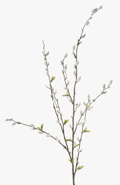 Künstlicher Weidenkätzchenzweig mit flauschigen Kätzchen und kleinen grünen Blättern für die Dekoration.