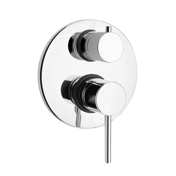 Unterputz-Mischbatterie für Dusche oder Badewanne, verchromt, runde Grundplatte mit einem Hebel und einem runden Bedienknopf.