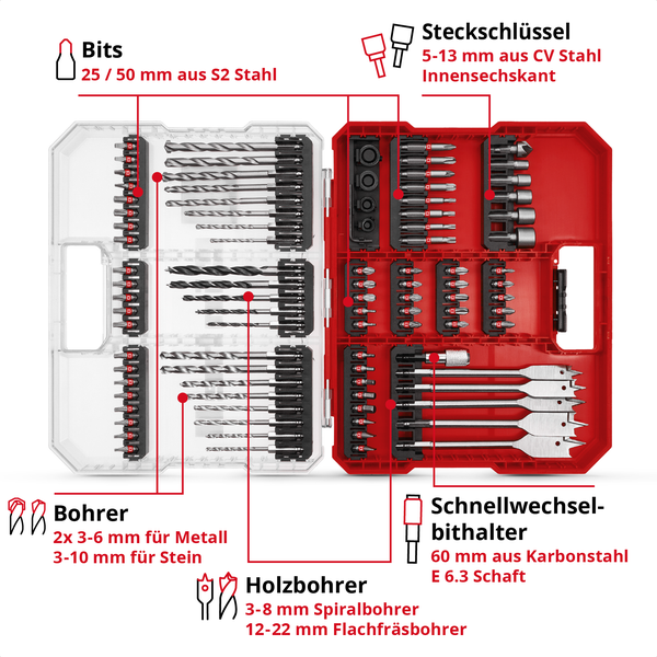 Original Einhell XL-CASE 95-tlg. Bit- und Bohrer-Set (Bits, diverse Bohrer, Schnellwechselbithalter, Steckschlüssel, Senker, Bohrstopper, Stiftschlüssel inkl. Aufbewahrungsbox)
