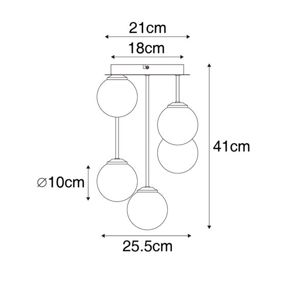 Technische Zeichnung einer Pendelleuchte mit drei Leuchten, Abmessungen in Zentimetern