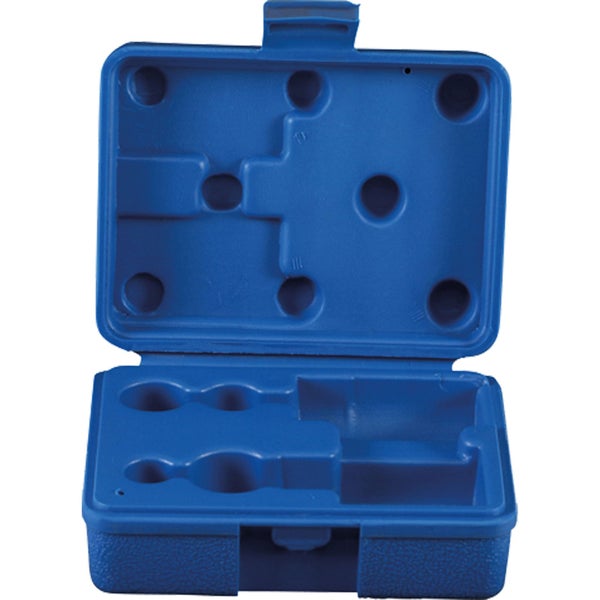 Leerer blauer Kunststoffkoffer mit verschiedenen Fächern für Werkzeug oder Zubehör.