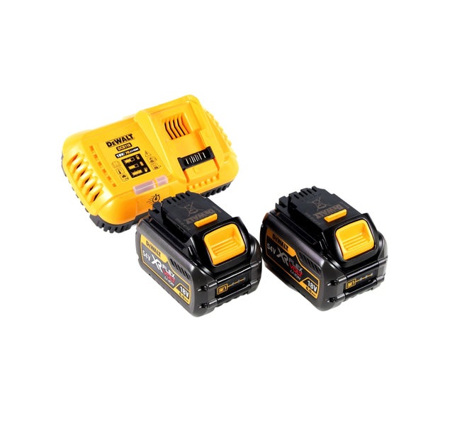 DeWalt Akku-Starterset mit einem Schnellladegerät und zwei 18 Volt oder 54 Volt Flexvolt Lithium-Ionen-Akkus mit 6 Amperestunden.