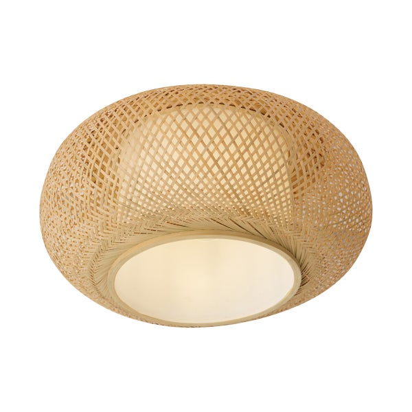 Runde Deckenleuchte aus geflochtenem Bambus im natürlichen Design für die Innenbeleuchtung.