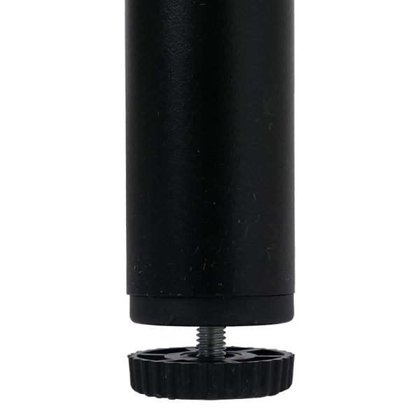 Schwarzes zylindrisches Möbelbein mit höhenverstellbarem Fuß aus Kunststoff und Metallgewinde.