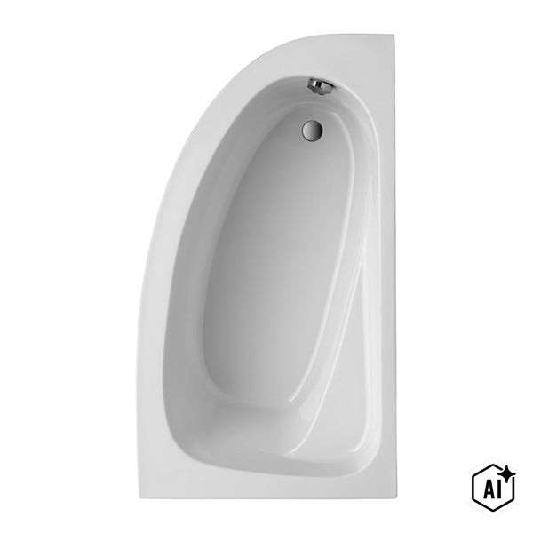 Eckbadewanne aus Acryl in asymmetrischer Form mit Ablauf und Überlauf in Draufsicht