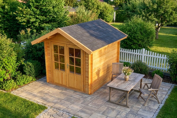 Helles Gartenhaus aus Holz mit Satteldach und Doppeltür auf einer gepflasterten Terrasse mit Gartenmöbeln in einem Garten.