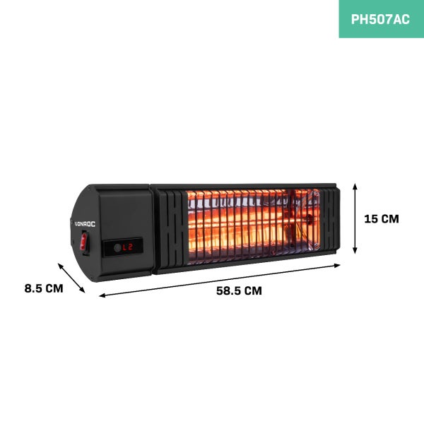 Vonroc Infrarot-Terrassenstrahler schwarz mit Digitalanzeige, Maße 58,5 Zentimeter lang, 15 Zentimeter hoch, 8,5 Zentimeter tief.