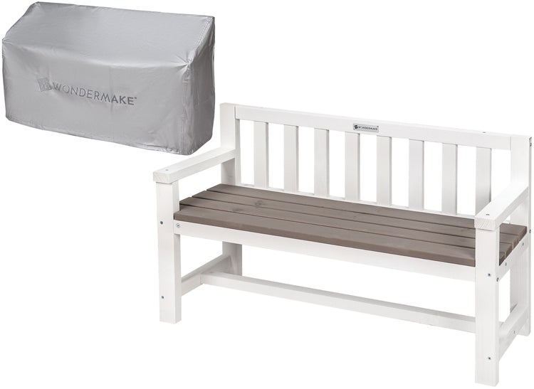 WONDERMAKE® Design Kinder-Gartenbank aus Holz wetterfest mit Textil-Abdeckung und Lehne, 2-Sitzer Kinderbank Holzbank Parkbank Kinder Sitzbank massiv Garten Outdoor, Naturholz, weiß grau anthrazit