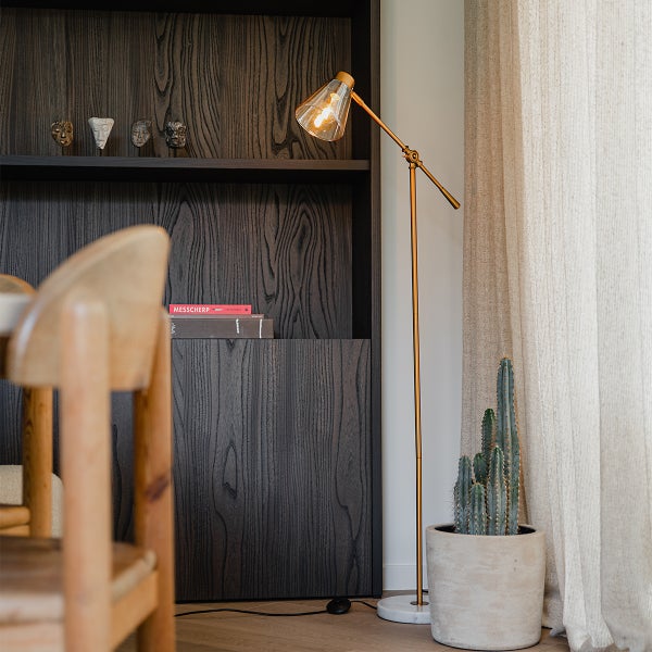 Innenraum mit Bücherregal, Stehlampe und Kaktus im Topf