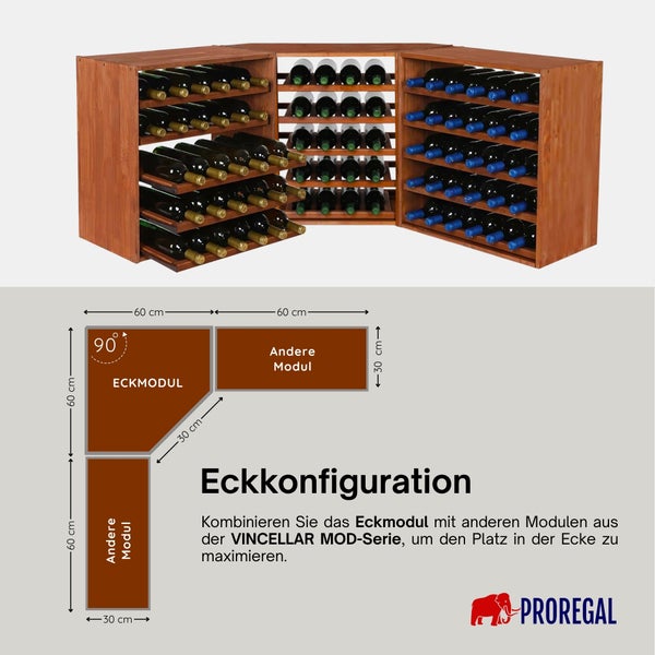 Modulares Weinregal aus Holz von Proregal in 90 Grad Eckkonfiguration mit Weinflaschen und Diagramm der Maße 60 Zentimeter sowie Proregal Logo.