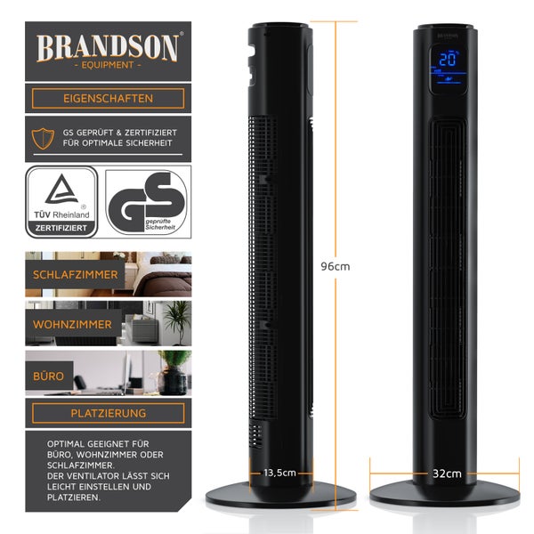 Brandson Turmventilator, Standventilator 40W, Ventilator mit 2 Geschwindigkeitsstufen, Säulenventilator mit Timer, 3 Betriebsmodi, 60 Grad