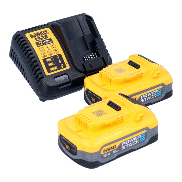 DeWalt Akku-Starter-Set mit Schnellladegerät DCB115 und zwei PowerStack-Akkus 18 Volt und 5 Amperestunden.