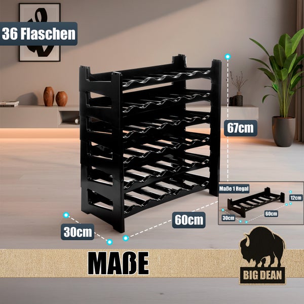 Schwarzes Weinregal aus Kunststoff für 36 Flaschen mit Maßangaben