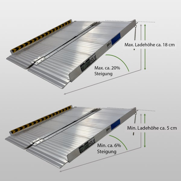 Aluminium Rollstuhlrampe mit maximal 20 Prozent Steigung und maximal 18 cm Ladehöhe