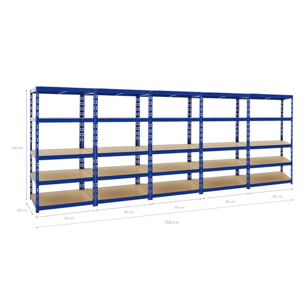 PROREGAL Mega Deal 5x Schwerlastregal Tiger HxBxT 180 x 90 x 60 cm Fachlast 265 kg 5-Ebenen Blau