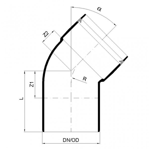 Technische Zeichnung eines Rohrbogens mit Maßangaben für Durchmesser, Länge, Radius und Winkel Alpha.