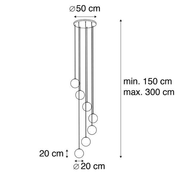 Technische Zeichnung einer Pendelleuchte mit Durchmesser 50 Zentimeter oben und Kugeln mit Durchmesser 20 Zentimeter unten, Mindestlänge 150 Zentimeter, Maximallänge 300 Zentimeter.