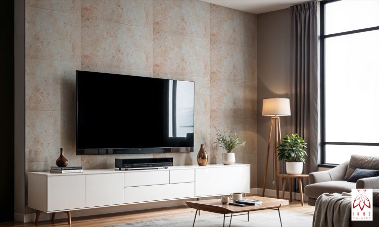 Wohnzimmer mit Flachbildfernseher, Medienkonsole und Stehlampe