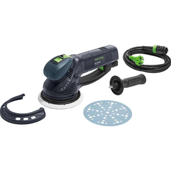 Festool Getriebe-Exzenterschleifer ROTEX RO 150 FEQ beim Schleifen einer Holzoberfläche mit Staubabsaugung.