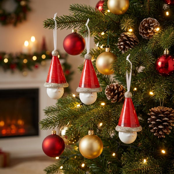 Weihnachtsbaum mit Weihnachtskugeln und Anhängern in Form von Weihnachtsmannmützen an einem festlich geschmückten Baum vor einem Kamin.