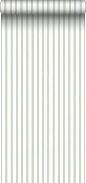 Raum mit gestreifter Tapete, Klavier, Lampe und Zimmerpflanze