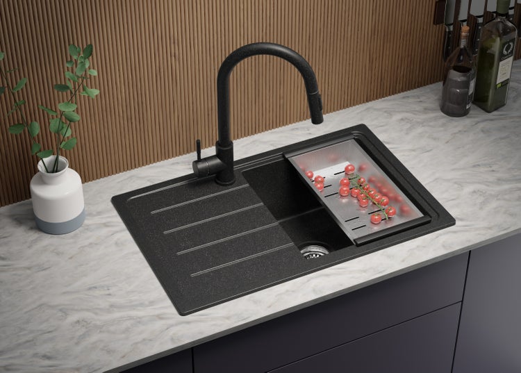 PRIMAGRAN Spülbecken Anthrazit 70x44cm, Granitspüle 1 Becken + Ablauf-Set, Küchenspüle ab 45er Unterschrank - Kopenhagen Easy