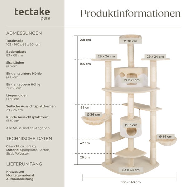 Produktinformationen zum Kratzbaum von tectake pets mit Abmessungen und technischen Daten.