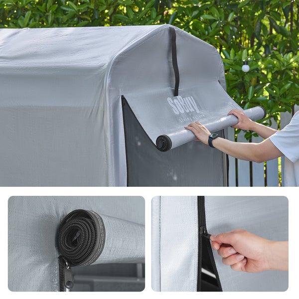 Detailansicht eines Geräteschuppens mit aufrollbarer Tür und Reißverschluss