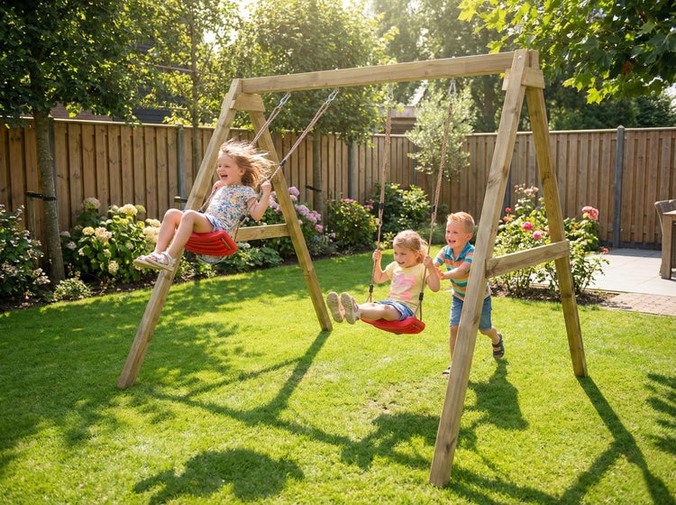 Hölzernes Schaukelgestell mit zwei roten Schaukelsitzen in einem hellen Garten mit Rasen und Blumenbeeten, in dem Kinder spielen.