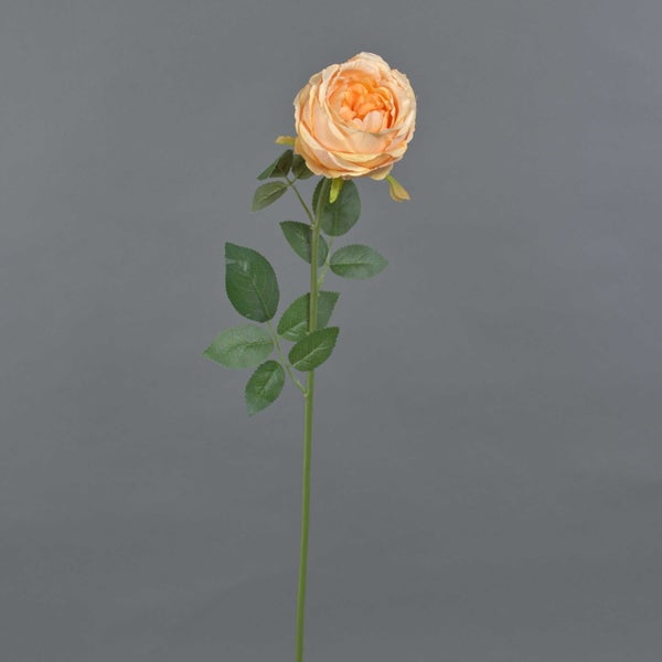 Künstliche Rose mit apricotfarbener Blüte und grünem Stiel mit Blättern
