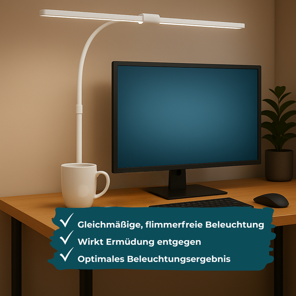 LED-Schreibtischleuchte am Arbeitsplatz mit Monitor. Bietet gleichmäßige, flimmerfreie Beleuchtung gegen Ermüdung.