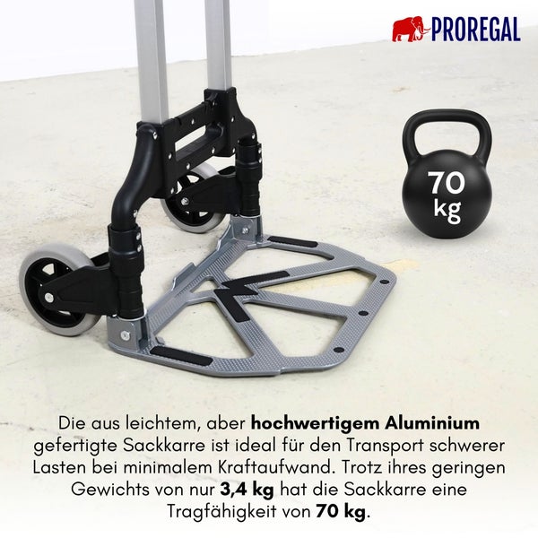 PROREGAL Klappbare Profi-Sackkarre ELEPHANT HxBxT 110x39x42cm Traglast 70kg Aluminiumrahmen, ergonomische Griffe, TRR Fachgummiräder Silber