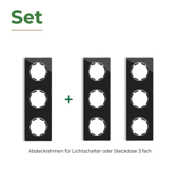 Set mit 3-fach Abdeckrahmen für Lichtschalter oder Steckdosen zur Wandmontage.