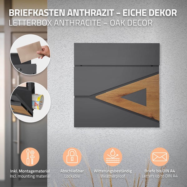 ECD Germany Standbriefkasten mit Zeitungsfach, Design Briefkasten mit Pfosten, Briefkastenanlage, Briefkastenständer 120 cm Anthrazit Edelstahl, Postkasten 37x36,5 cm Anthrazit Natur Eicheoptik Stahl