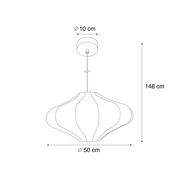 Technische Zeichnung einer Pendelleuchte: Gesamthöhe 148 Zentimeter, Schirmdurchmesser 50 Zentimeter, Baldachindurchmesser 10 Zentimeter.