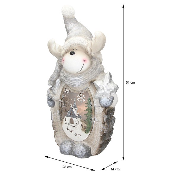 ECD Germany Rentier Figur mit LED Beleuchtung 51 cm Warmweiß Weiß mit grauem Hut und Schal, Holzoptik, Batteriebetrieben, für Innen, LED-Weihnachtsdeko Weihnachtsfigur Weihnachten Tischdeko