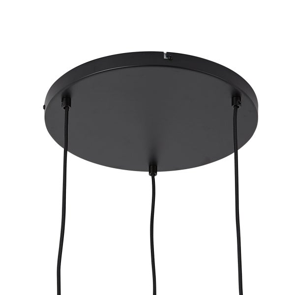 Runder, schwarzer Deckenbaldachin für eine Pendelleuchte mit drei Textilkabeln.