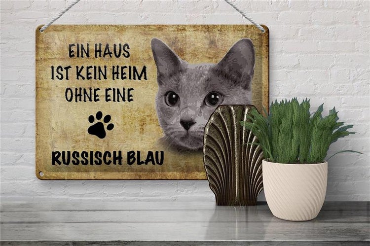 Blechschild Spruch 30x20cm russisch blau Katze ohne kein Heim