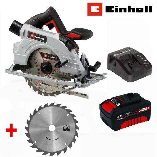 Einhell Akku-Handkreissäge Set mit 18 Volt Akku, Ladegerät, zusätzlichem Sägeblatt und Einhell Logo.