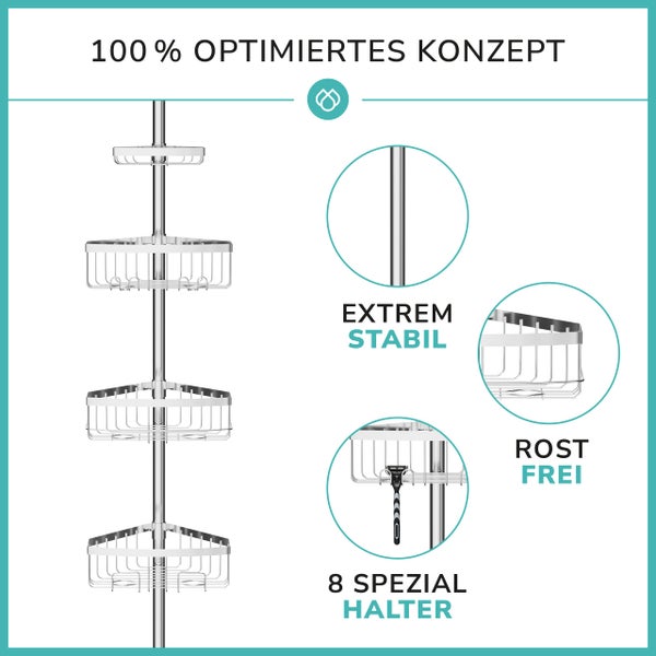 Teleskop Duschregal mit 3 Fach Anti-Rost Schutz (Version 2.0) - Stabiles & flexibles 105-270cm Duschregal Teleskop ohne Bohren - Teleskopregal Bad 4 Körbe - Klemmregal Dusche und Badewanne