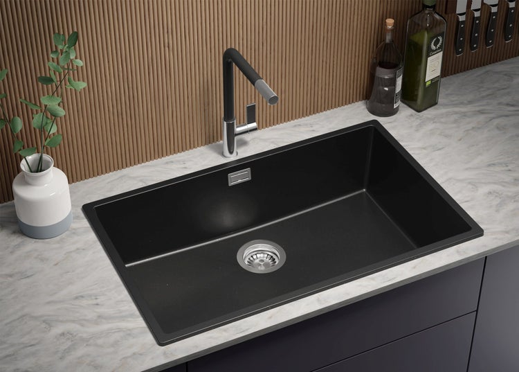 PRIMAGRAN Granitspüle Schwarz Metallic 76x47cm, Spülbecken 1 Becken + Küchenarmatur 32x20cm + Ablauf-Set, Küchenspüle ab 80er Unterschrank - London Slim
