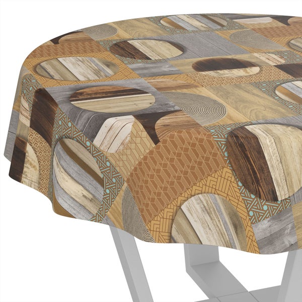Runde Tischdecke mit geometrischem Muster aus Holzoptik und abstrakten Formen.