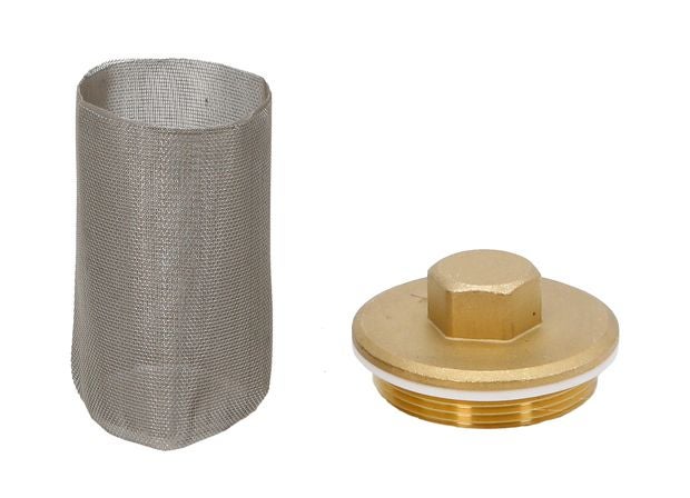 Saugkorb aus Edelstahlgeflecht und Messingverschluss mit Sechskant und Gewinde.