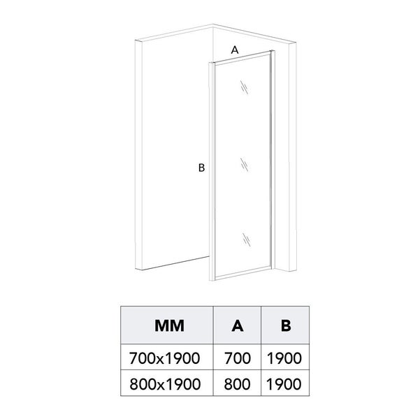 Technische Zeichnung einer Duschwand mit Größenangaben